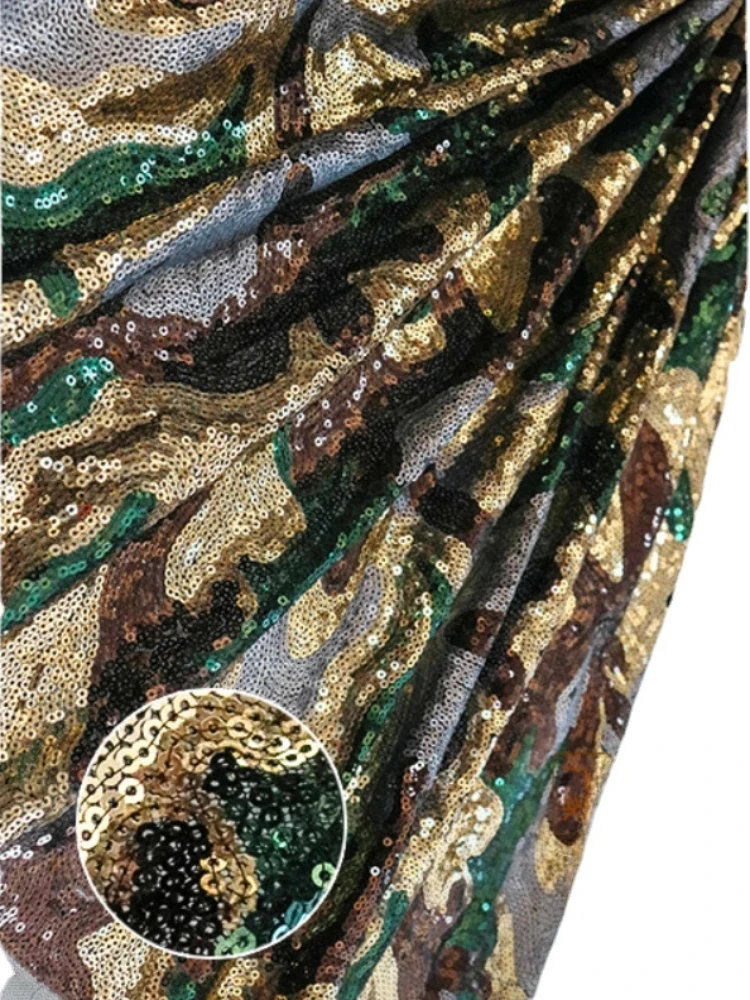 Camo Jacquard African Lace Sequin Embroidered Fabric Embroidery 3MM Beaded Sequin Fabrics by the yard for DIY Sewing Clothing