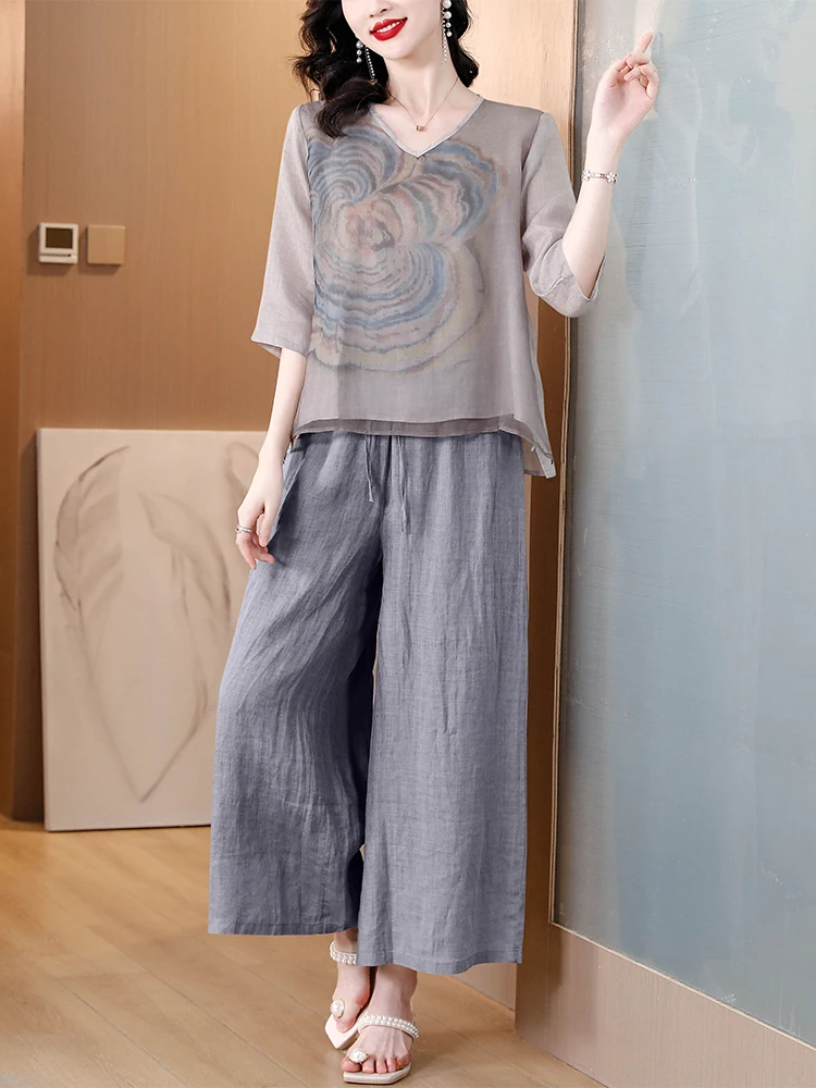 

Women's Summer Print Loose Wide Leg Pants T-Shirt Set Cover Belly Slimming Two-Piece Suit Cotton Linen Material Cardigan Style