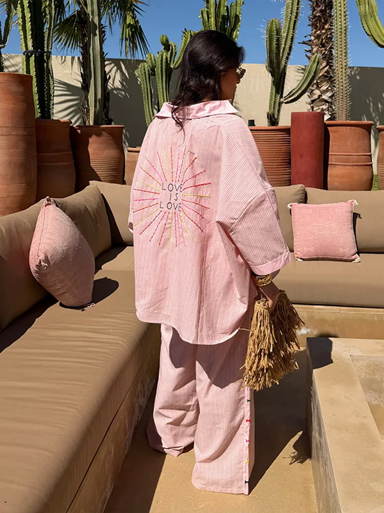 Gestreifte Oversize-Hemd-Hosen-Kombination für Damen, Lässiges Langarm-Oberteil mit Einzelknopfleiste, Weite Hosen, Schicke Damen-Sets – Detail 2