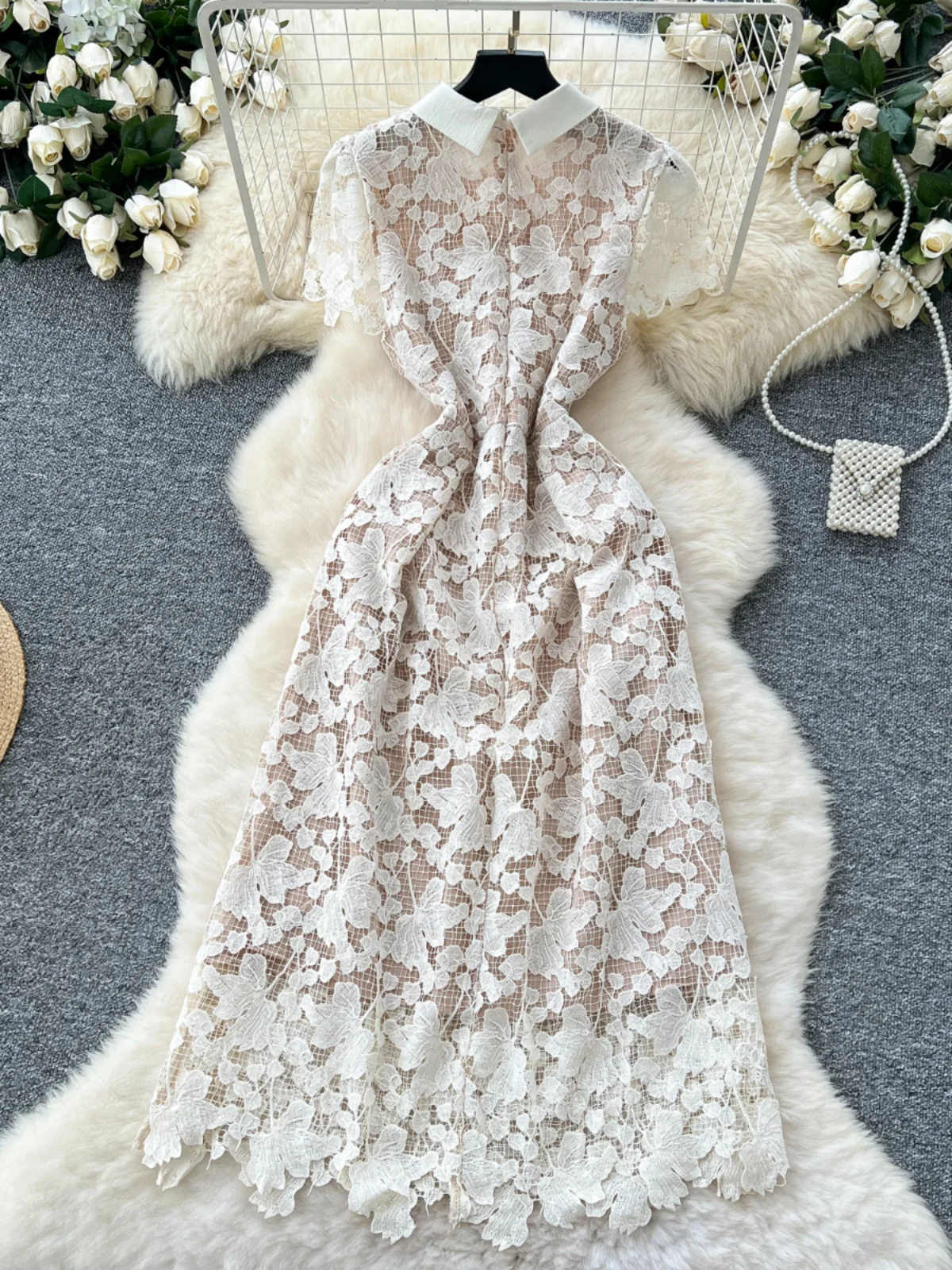 

Ele Retro Women's Dr Hollow out Lace ort Sve Long Dr High Waist A-Line Korean Sle Spring Collection 2025