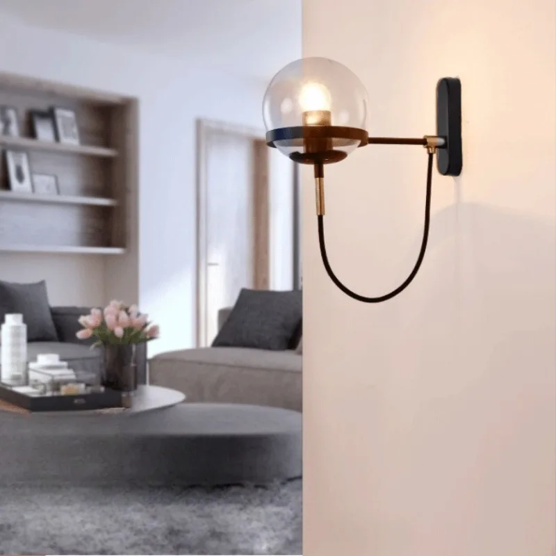 

Modern Simple Bedside Wrought Iron Wall Lamp Luxury Dining Room Indoor E27 Led Lamp Retro Living Room Bedroom Glass Ball Light