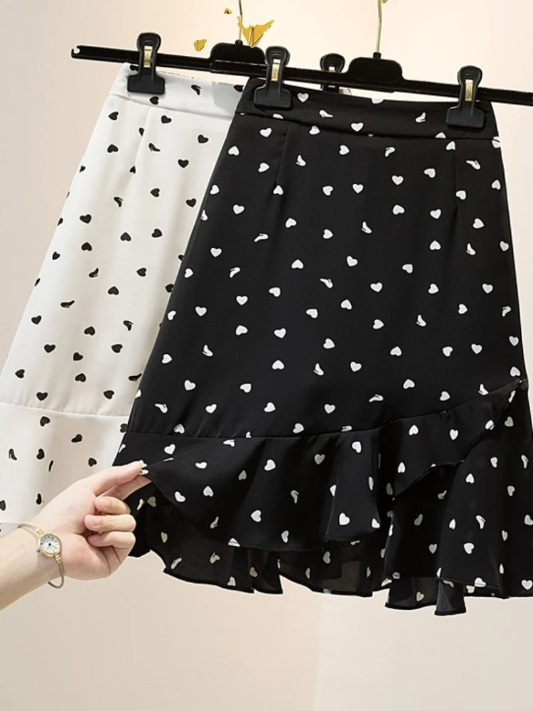 Elegant chiffon half skirt women's summer new design sense heart print contrasting colors Valentine's day date A-line skirt