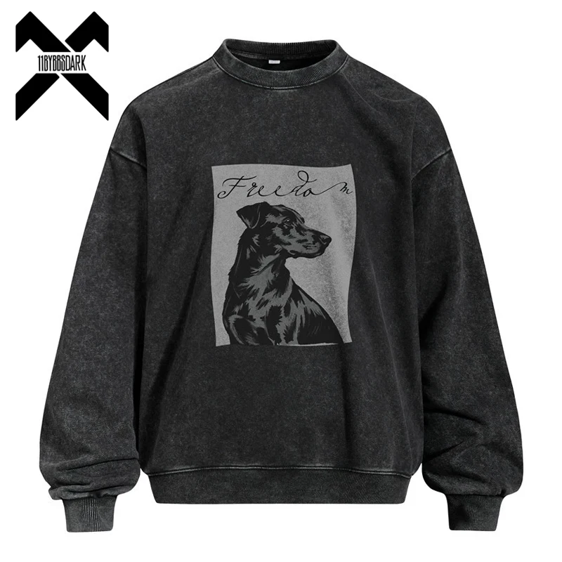 Men's Vintage Wash Dog Printed Sweatshirt Oversized Pullover Casual Streetwear Top Spring Autumn