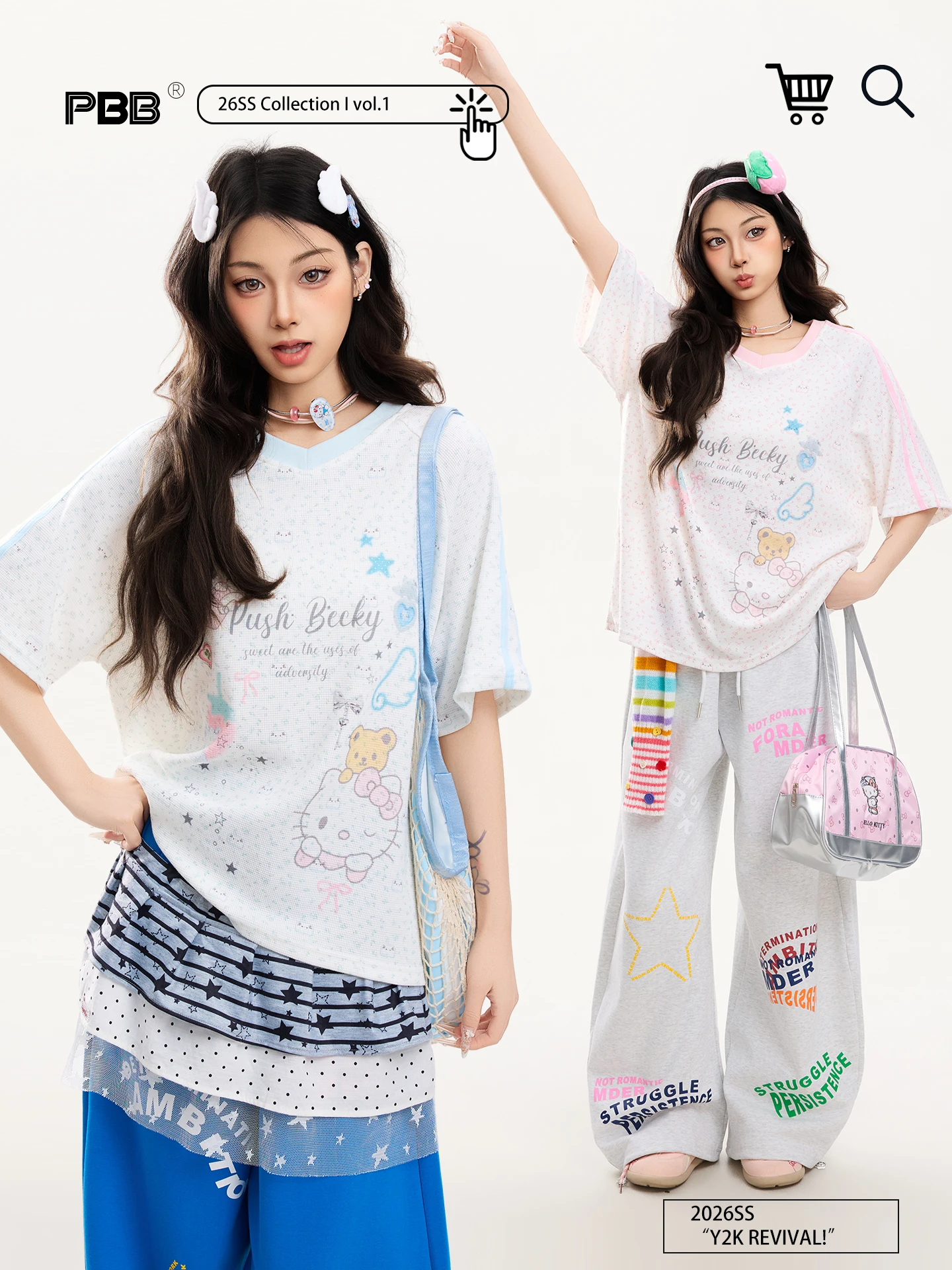 

PBB Y2K Loose Style Short Sleeve T-Shirt Women's Sporty V-Neck Printed Top Sweet Style Creative Pattern Polyester Spandex
