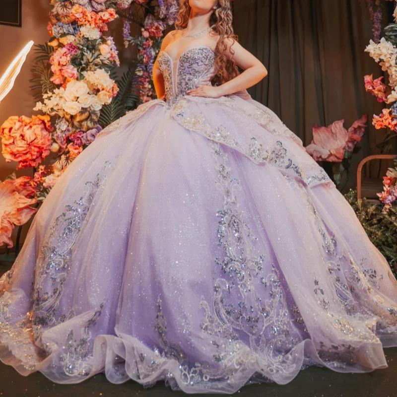 

Shiny Purple Quinceanera Dresses Off the Shoulder Glitter Decal Lace Layering Long tail Bow Vestidoe 15 Quinceanera Customize