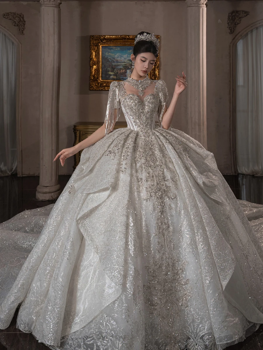 Customized Extravagant Sparkly Layered Skirt  Wedding Dresses  High Neck Lace Elegant Bridal Gown