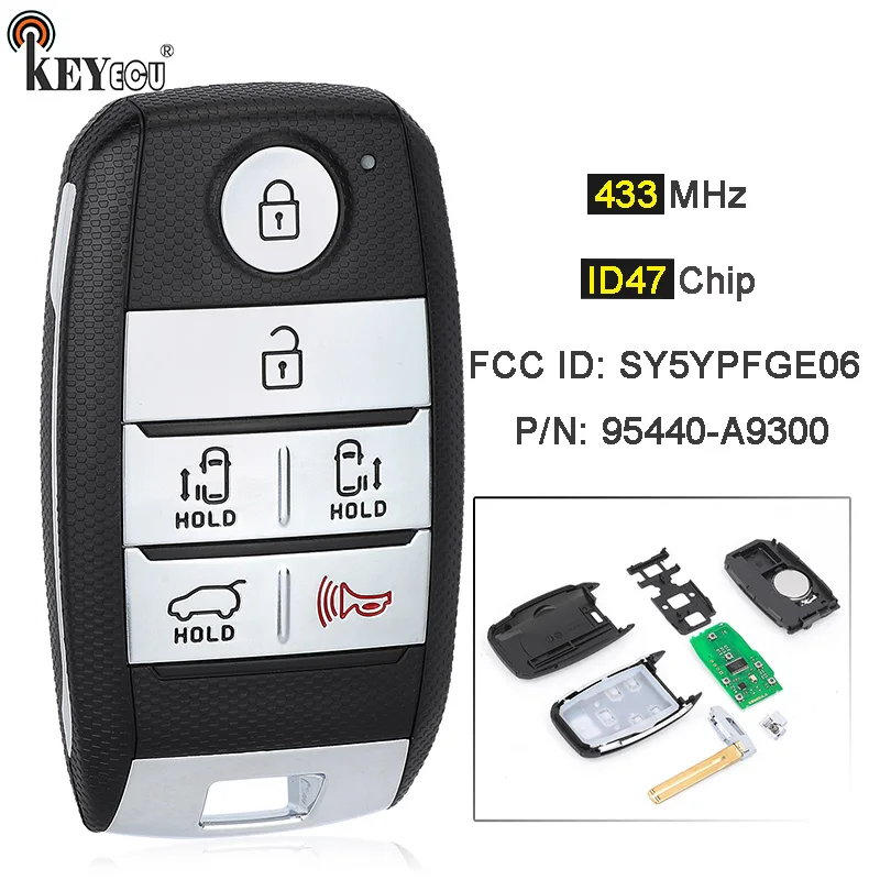 KEYECU 433.92MHz ID47 Chip P/N: 95440-A9300 FCC ID: SY5YPFGE06 Keyless Smart Remote Key Fob 5 Buttons for KIA Sedona 2015-2021