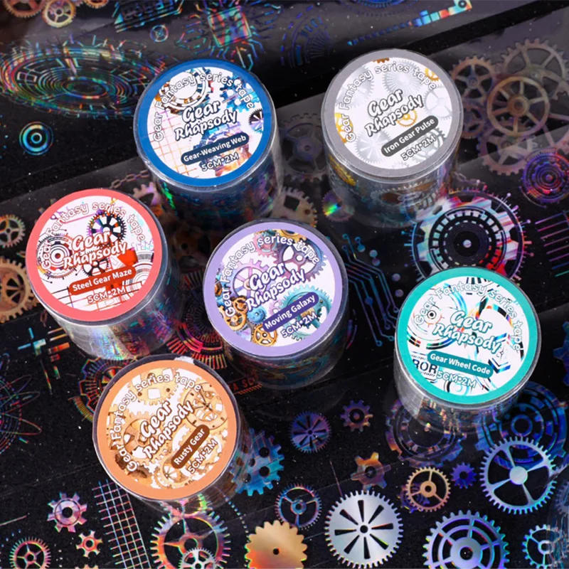 

200cm Steampunk Gears Washi Tape, Industrial Cogwheel Pattern for Journal Scrapbooking, Mechanical Theme Decorative Roll