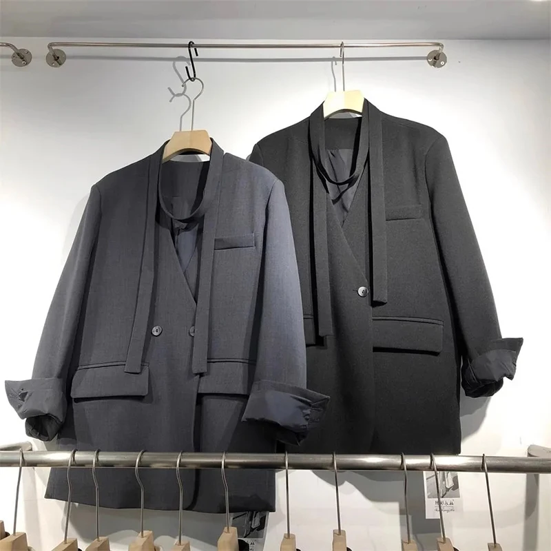 Koreańska czarna marynarka damska z długim rękawem, wiosenno-jesienna, wiązana, modna, luźna, codzienna, do pracy, elegancka odzież wierzchnia premium.