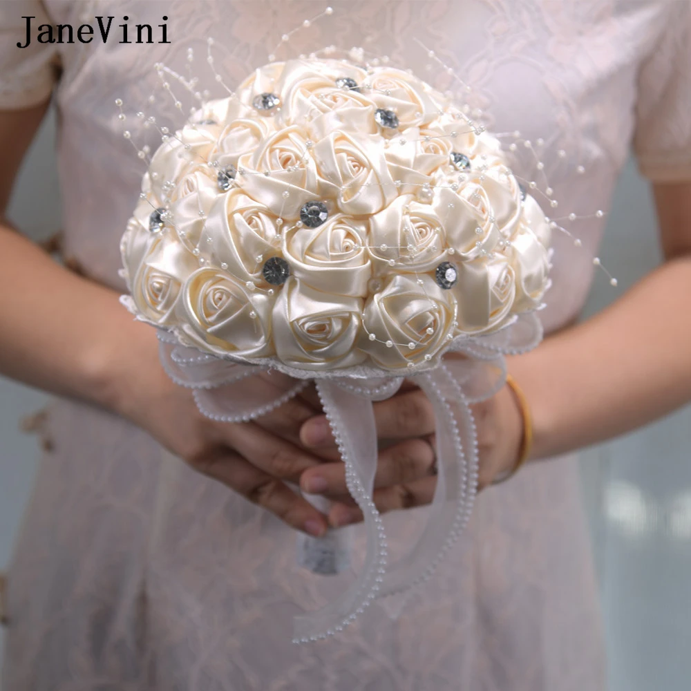 

JaneVini Elegant Ivory Ribbon Flowers Bridal Bouquets with Pearls Artificial Satin Roses Bridesmaid Bouquet Wedding Accessories