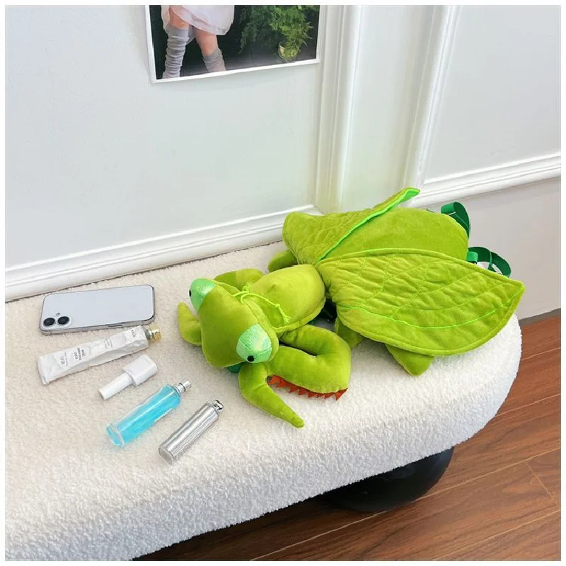 Mantis Double Shoulder Bag Cute Realistic Mantis Plush Backpack Cartoon Character Bookbag Fluffy Insect Funny Kids Bag