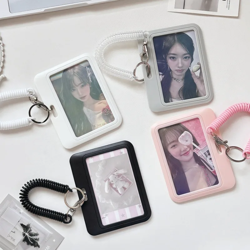 Solid Color ABS Plastic Bus Pass Keychain Card Holder Badge Sleeve Cover Working Permit Case Spring Style Lanayrd