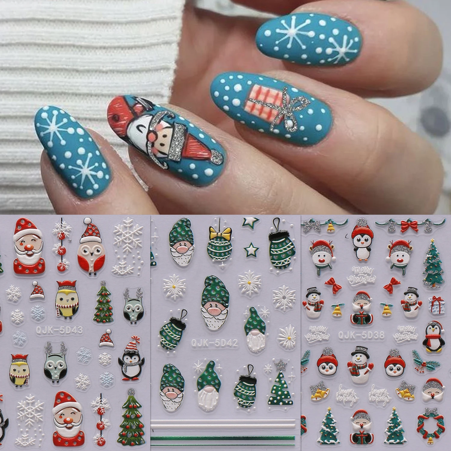 3 Stück Weihnachtsglitzer geprägte niedliche Cartoon-Aufkleber, Geschenke, Heimwerken, Party-Make-up-Styling, Kunstaufkleber, einfach aufzutragender Nagel