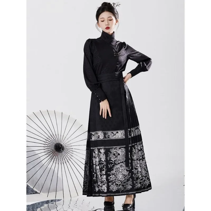 Haut jacquard à manches longues de style chinois pour femmes, vêtements pour femmes, chemise chic vintage, col montant, grande taille, Hanfu, noir, printemps, automne, 2024