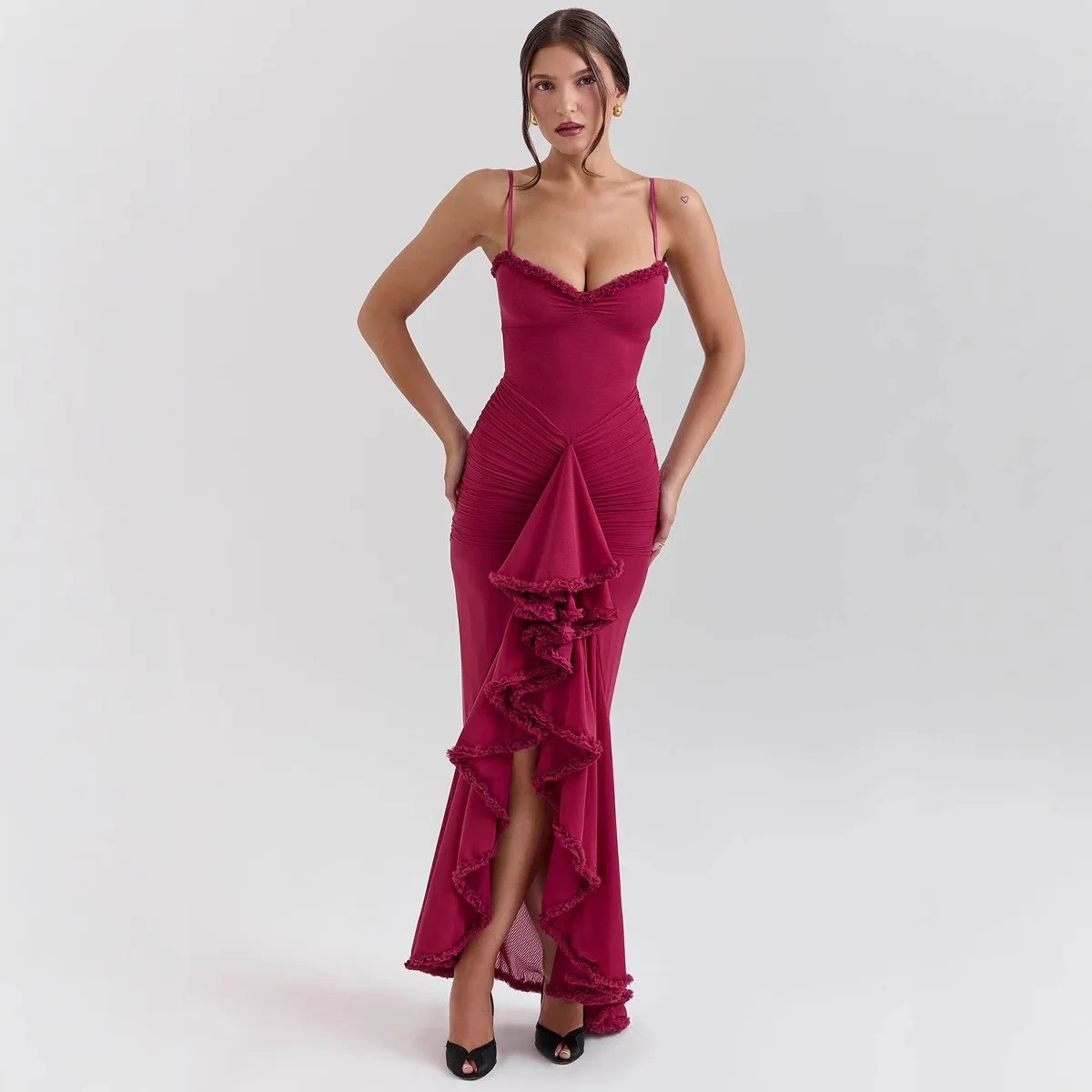 

FIGOHR Women's Elegant Wine Spaghetti Strap Evening Gown with Ruffled Tiered Dress Female Sexy Sweetheart Neckline Formal Dress