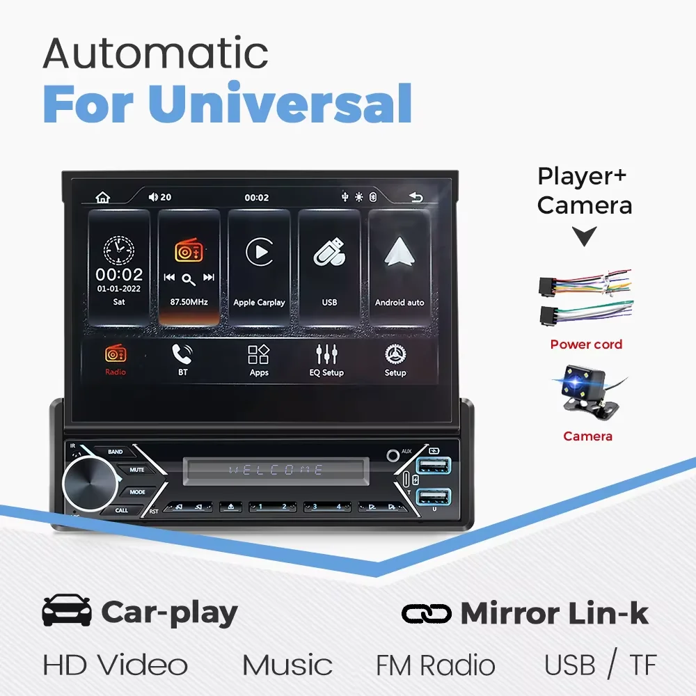 1 Din Universele Mp5 Draadloze Android Auto Carplay Auto Radio 7Inch Automatisch Intrekbaar Scherm Multimedia Video Speler Opvouwbaar
