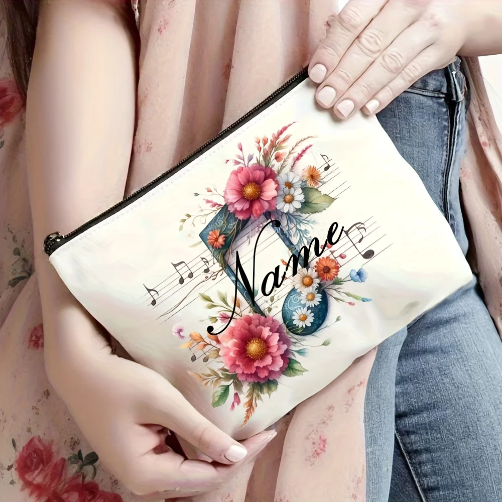 Custom Name Vintage Rainbow Watercolor Butterfly Floral Music Note Staff Pattern Makeup Bag Toiletry Bag Pencil Case Gift Bag