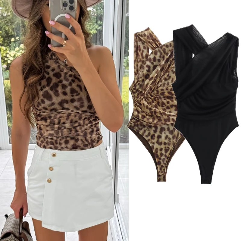 

2025 New Women Leopard Print Bodysuit Sleeveless Layered Asymmetric Mesh Sheer Ruched Bodycon Top Fashion Sexy Beach Party Wear