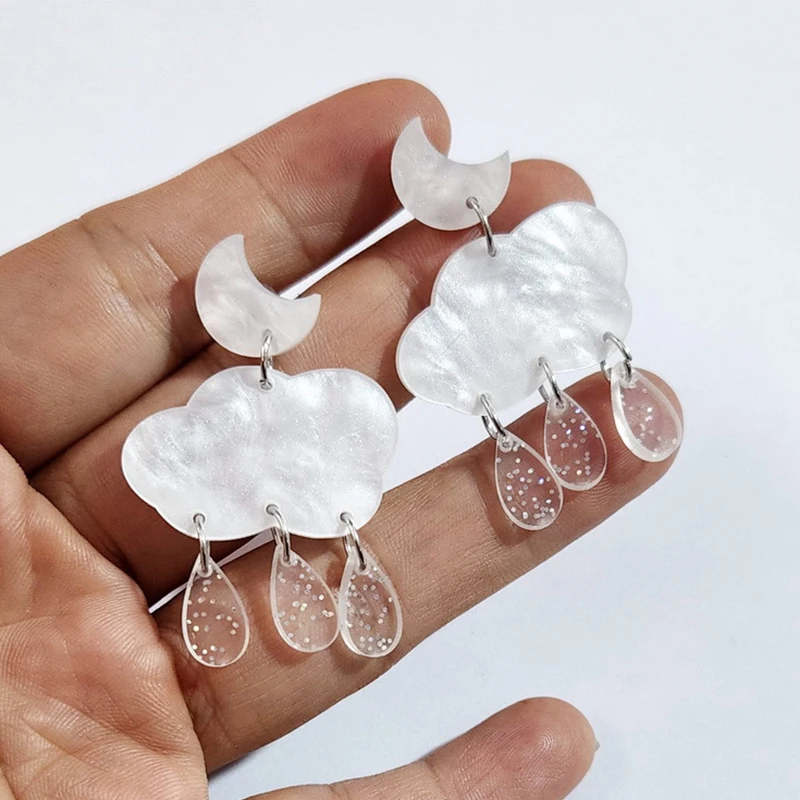 Lovely Cloud Rainbow Weather Earrings Transparent Milky White Cloud Raindrop Lightning Cartoon Funny Earrings