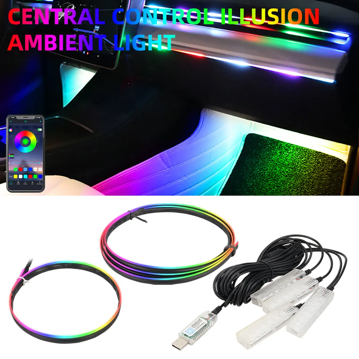 Car Atmosphere Lights Kit USB LED Center Console Neon Light App Control RGB Symphony Car Interior Decoration Acrylic Strips