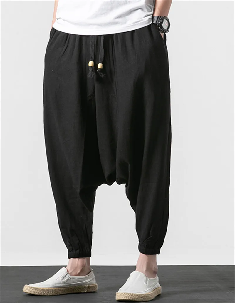M-6XL 7XL حجم كبير الرجال القطن الكتان السراويل موضة 2025 الخريف طويل عبر السراويل الصيف الهيب هوب الرقص السراويل أسود غاري الأبيض