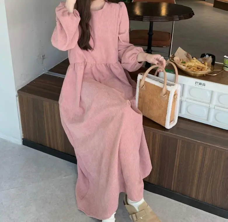 Autumn/Winter New Fashion Long Sleeved Round Neck Corduroy Solid Color Slim Fit Dress For Women,2 Colors