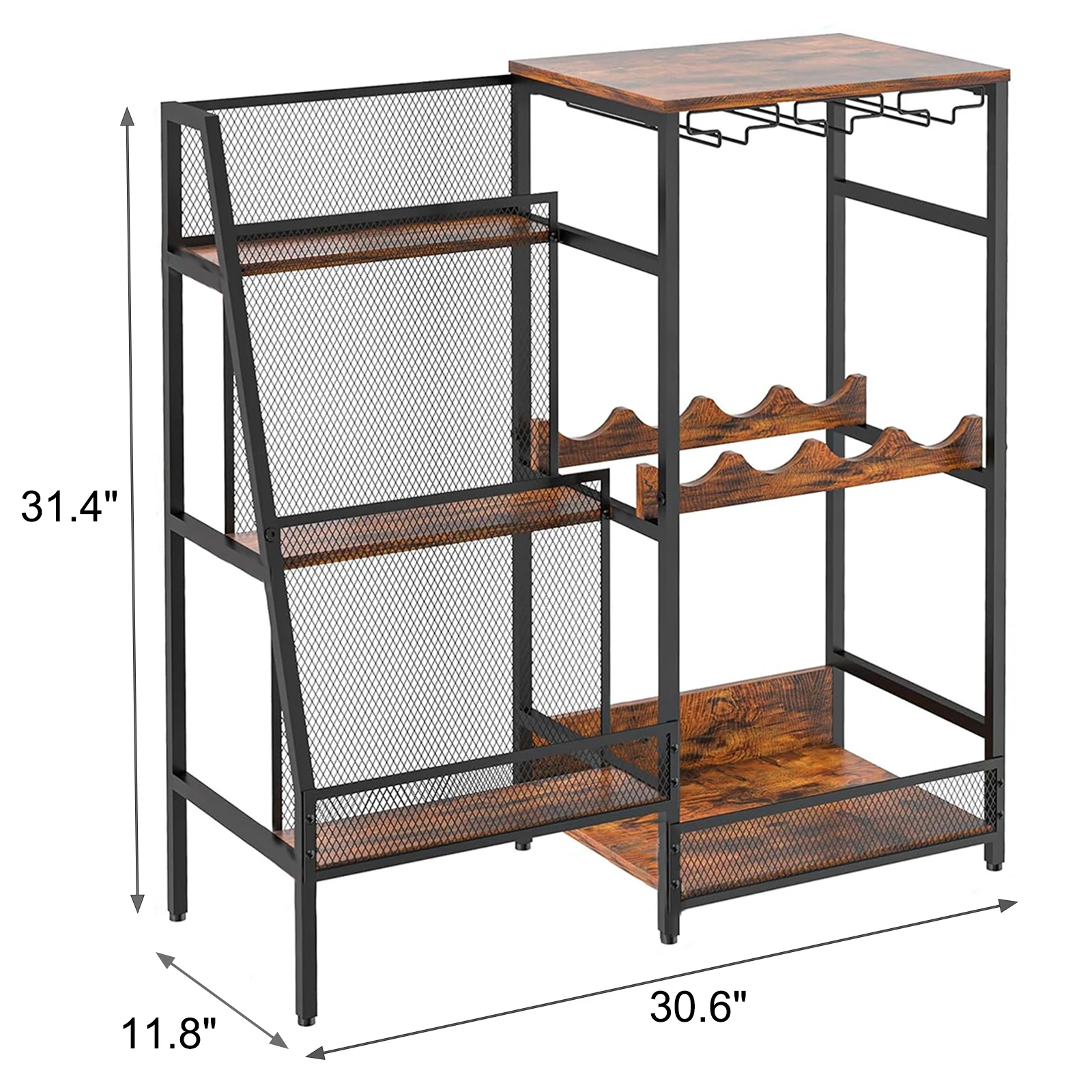 Armário de bar de vinho independente, rack de vinho dos eua, armário de bar de licor de piso de 3 camadas com cercas e suporte de vidro para bar de cozinha doméstica