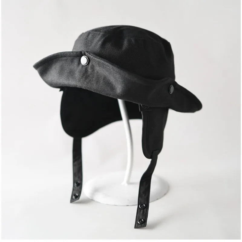 2-in-1 Snap Brim Tweed Bucket Hat Ear Flaps Detachable Chin Strap Windproof Winter Boonie Cowboy Cap Warm Outdoor Fisherman Hat