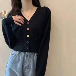 Autumn and Winter Little Fresh Colorful Buttons Younger Slim-Fit Slimming V-Collar Cardigan Long-Sleeved Sweater Top for Women