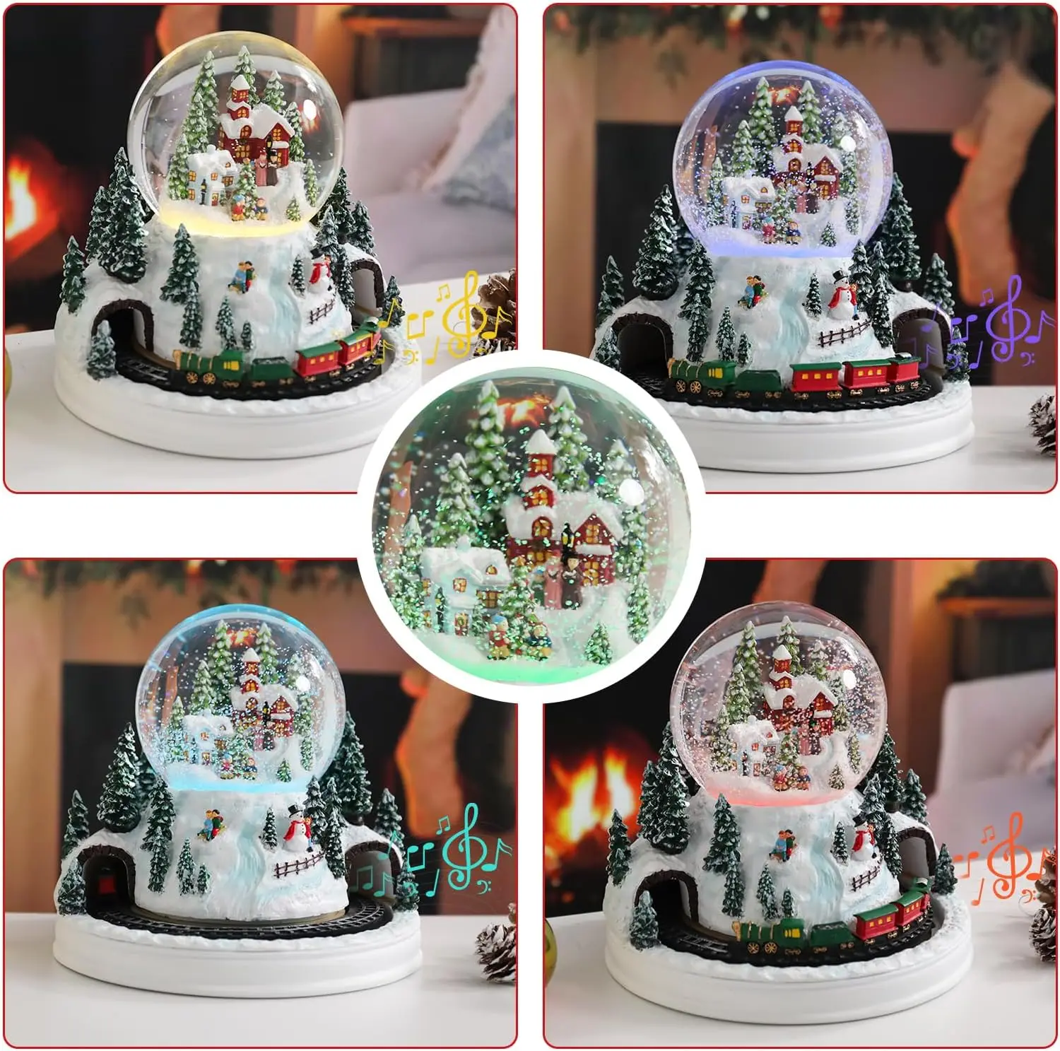 Christmas Snow Globes with Musical Automated Train, Battery-Powered LED Lights, and Sparkling Water-Filled Globe