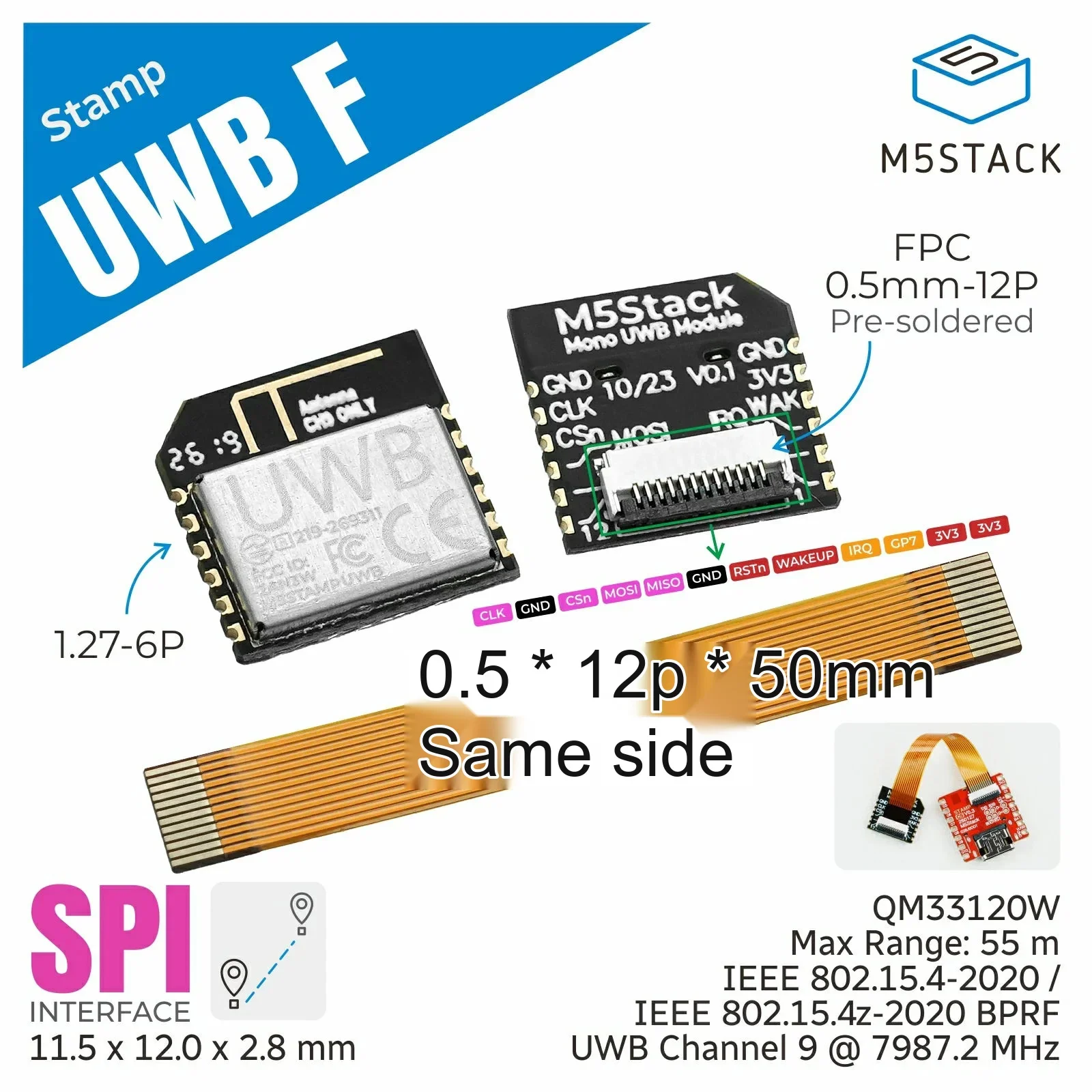 M5Stack M5Stamp UWB F Module with FPC QM33120W Ultra Wideband Ranging Embedded Module for IoT Development