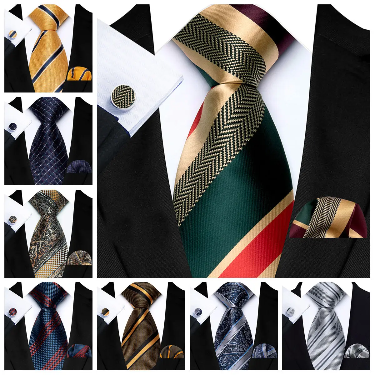 Elegant Men Tie Set Luxury Paisley Premium Stripe Pocket Square Cufflinks 3 Pcs Wedding Business Formal Party Accessories