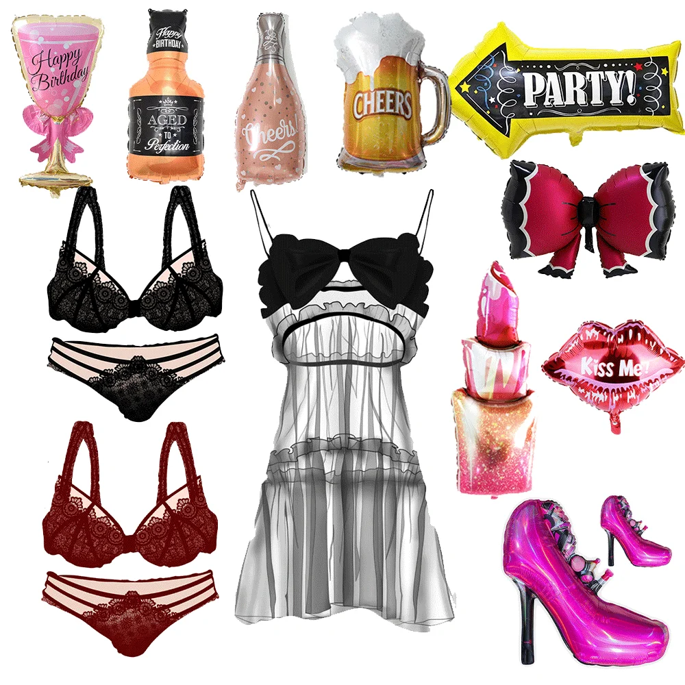 Lencería Sexy, globo de papel de aluminio, despedida de soltera, whisky, labios rojos, tacón alto, fiesta de adultos, novia, boda, despedida de soltera, decoración