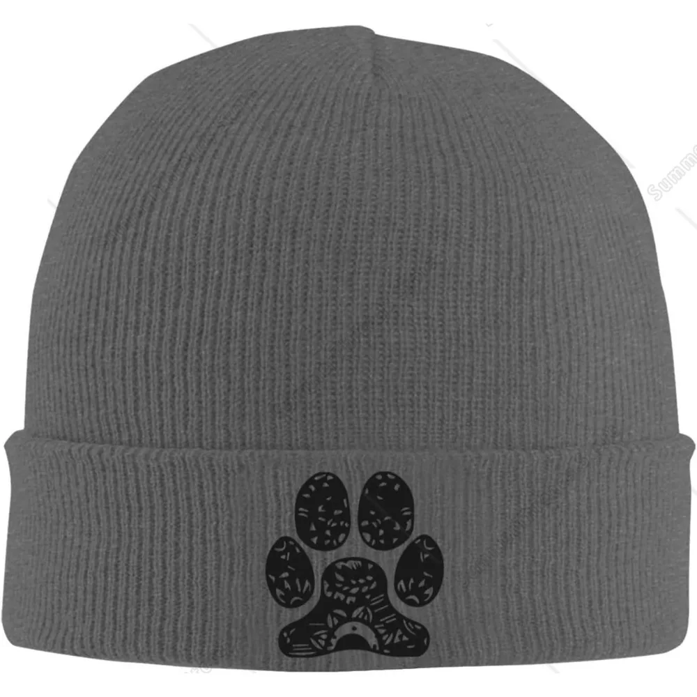 Black Dog Paw Print Winter Beanie Hat for Men & Women - Warm Knit Cap - Soft Stylish Skull Caps for Cold Weather