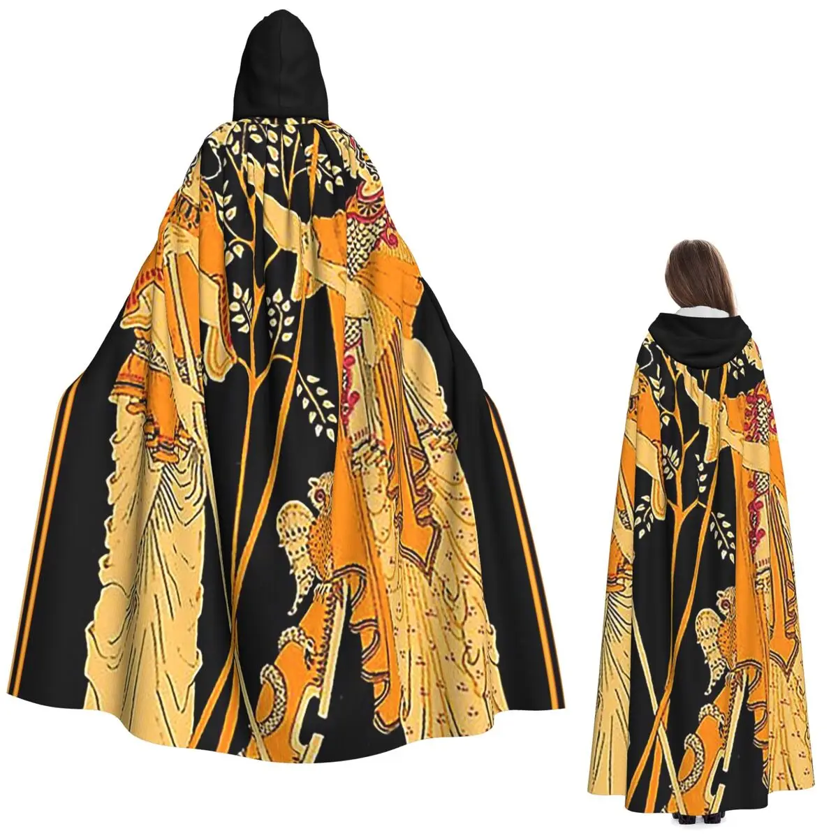 Poseidon And Athena Vintage Greek God And Goddess Print Long Hooded Cloak Witch Medieval Costume Cosplay Cape