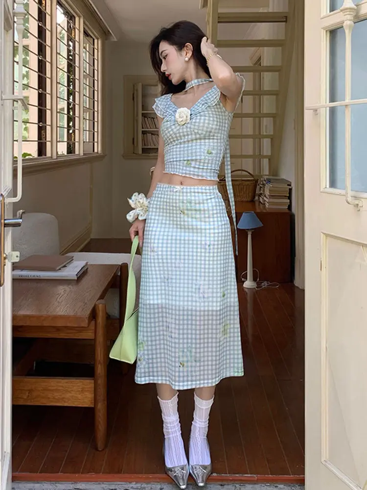 Sweet Style, Off-shoulder Strap, One-shoulder Top, Plaid Skirt, Women's Korean Casual Summer Suit