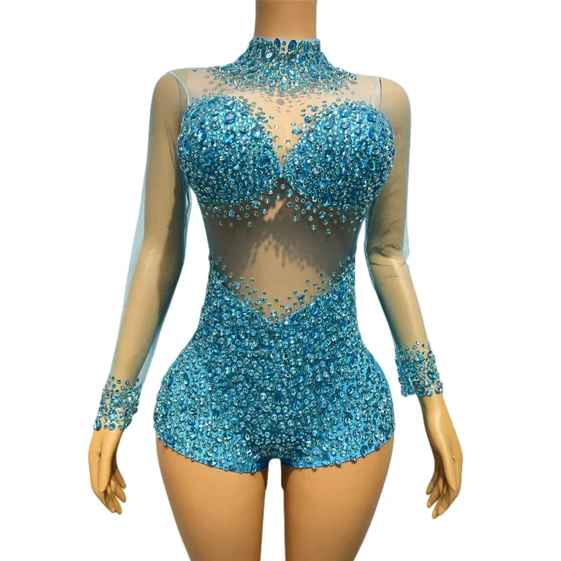 Sparkly Crystals Leotard Sexy See ThroughCrystal Bodvsuit Dance Costume WomenNightclub Party Birthday Outfit Show StageWear