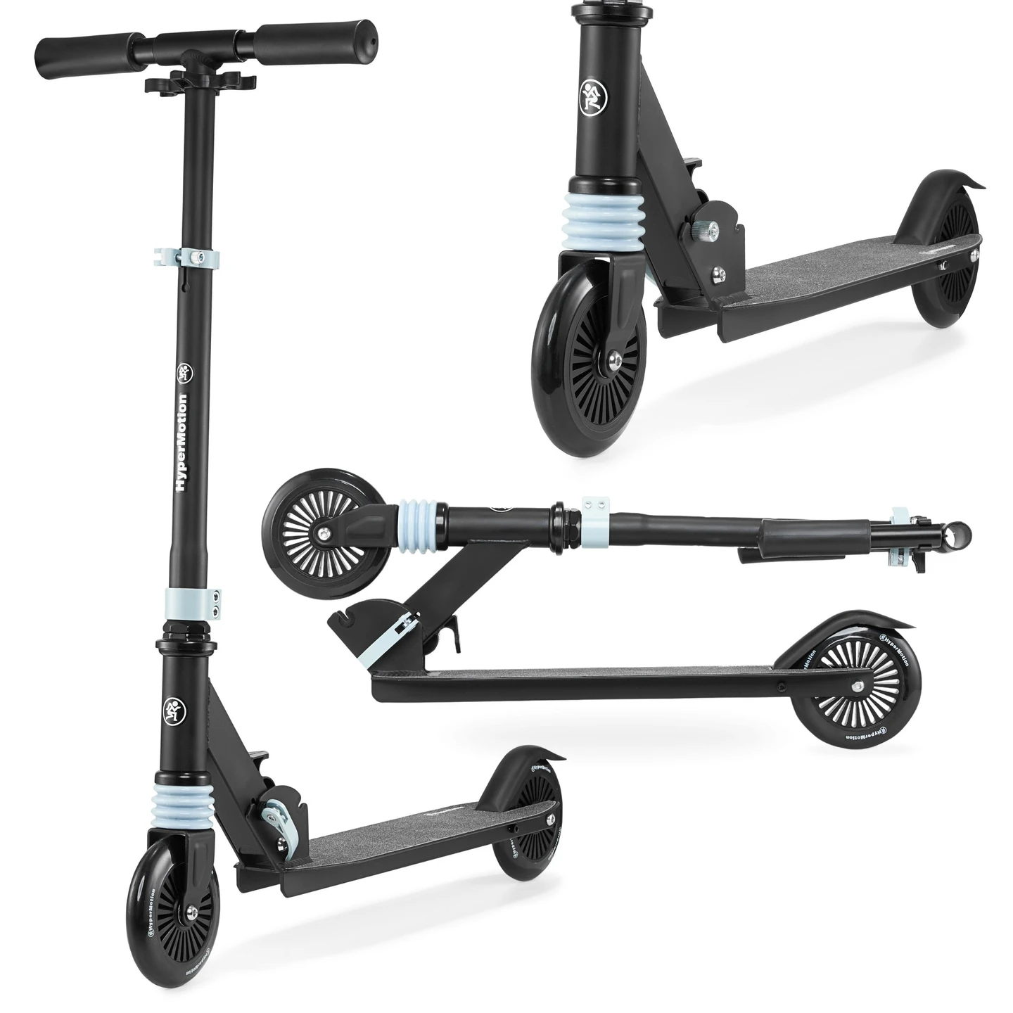 Tweewielige scooter met Hypermotion schokdemper, zwart/blauw, voor kinderen vanaf 4 jaar, draagvermogen 40 kg – 125 mm polyurethaanwielen, verstelbaar stuur van 72–83 cm, Abec-7 lagers, inklapbaar