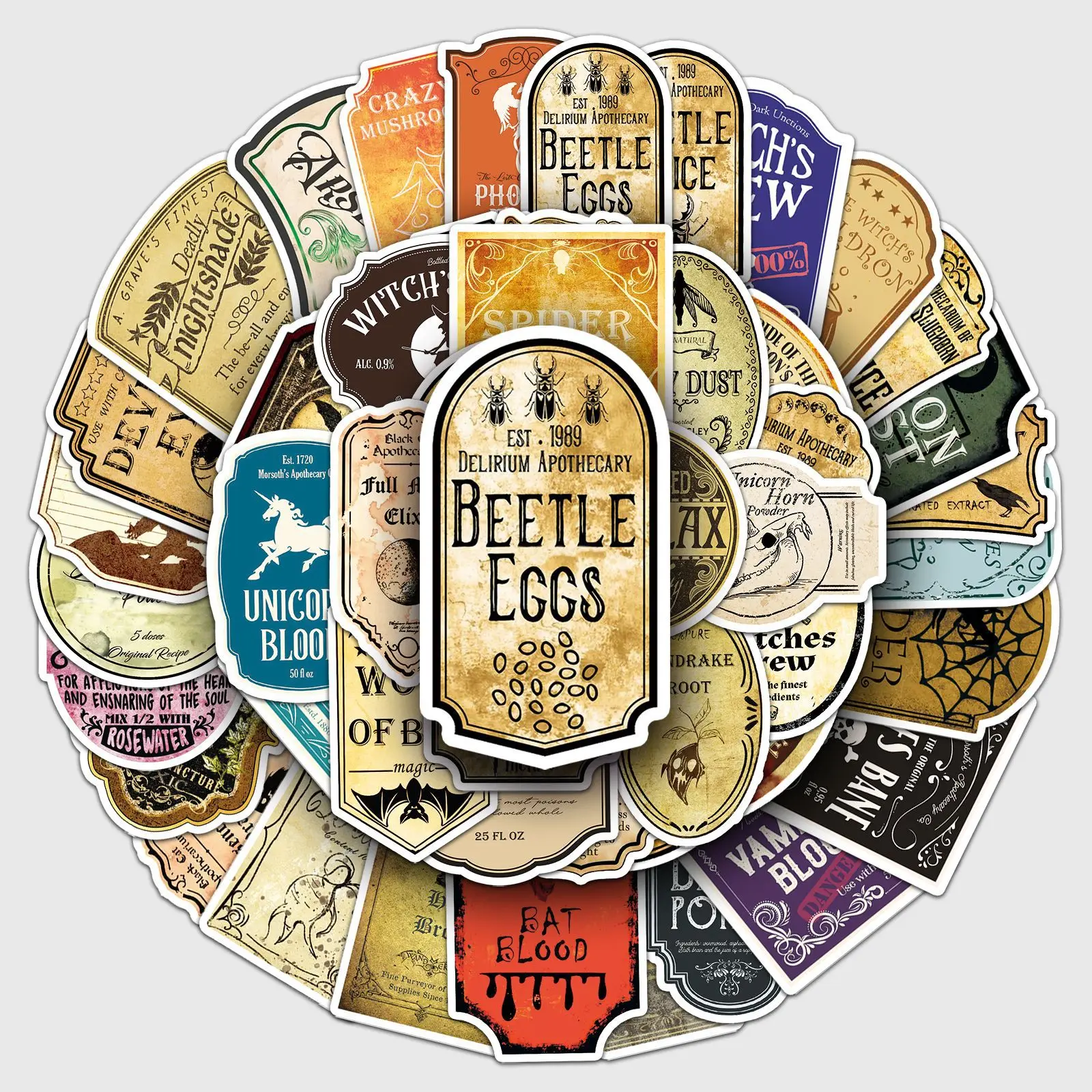 50PCS Magic Potion Label Graffiti Sticker Retro Personality Decoration Scooter Motorcycle Helmet Desk Water Cup Guitar Decal