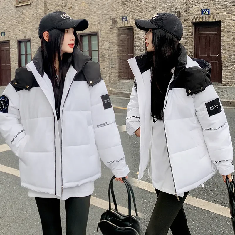 

Korean Loose Stitching Down Cotton-Padded Jacket Women Overcoat Winter New Hooded Bread Clothing Fashion Short Thick Warm Parka