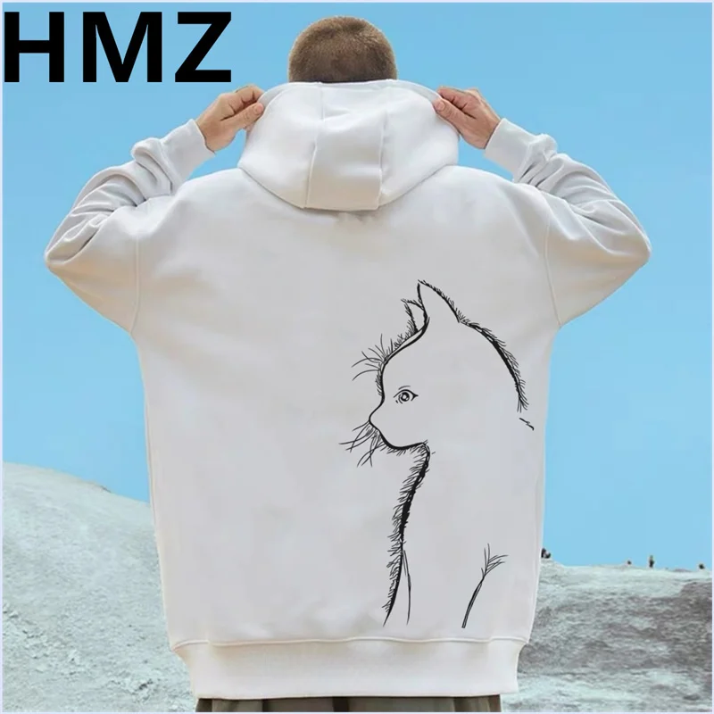 

HMZ Winter High Street Hoodies Cotton Men Sweatshirt Fashion Streetwear Cat Print Hoodies For Men Casual Loose Pullovers Hoody