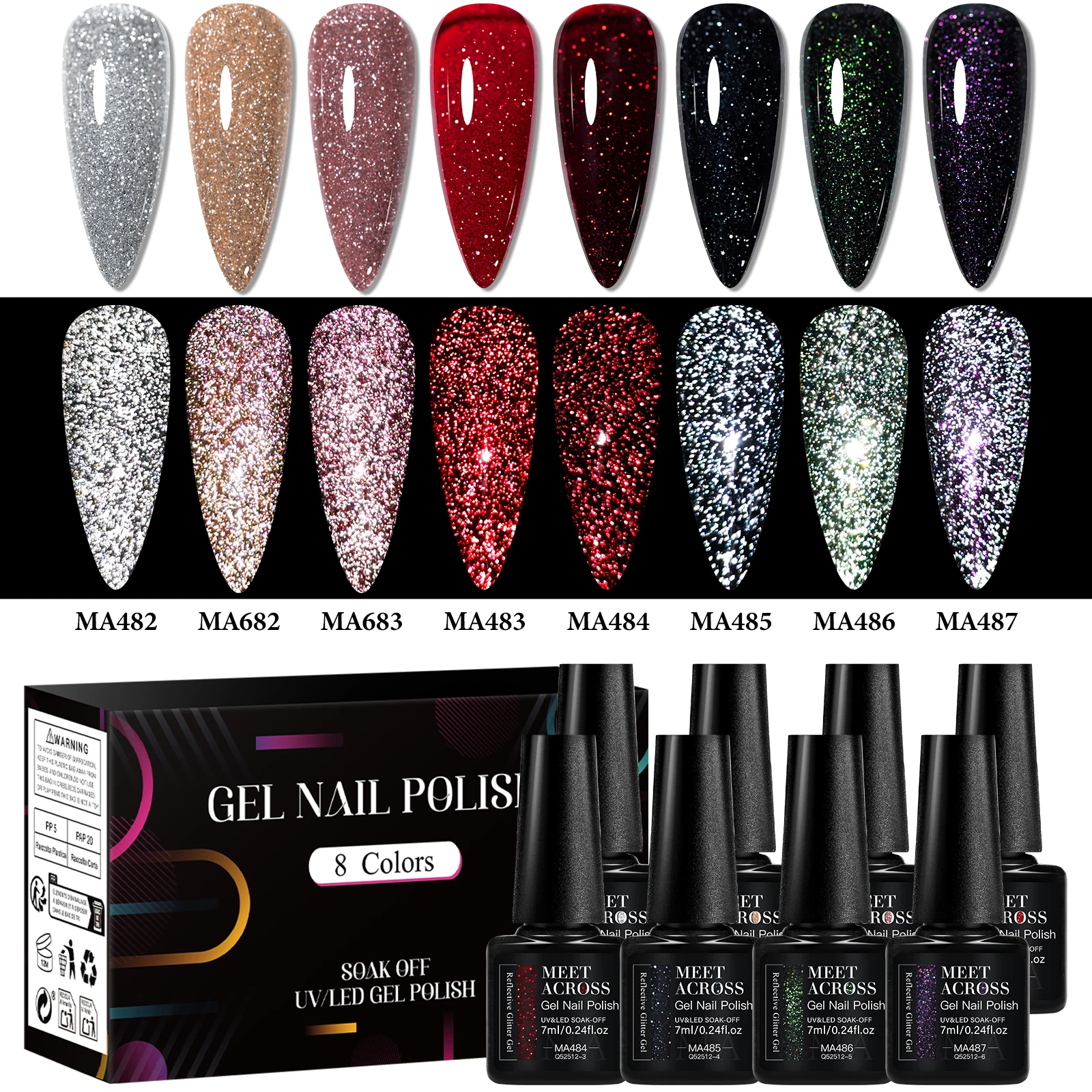 8pcs Fluorescent Reflective Gel Nail Polish Set Nail Art Shiny Effect Semi Permanent UV Gel Varnish Manicure DIY Nail Supplies
