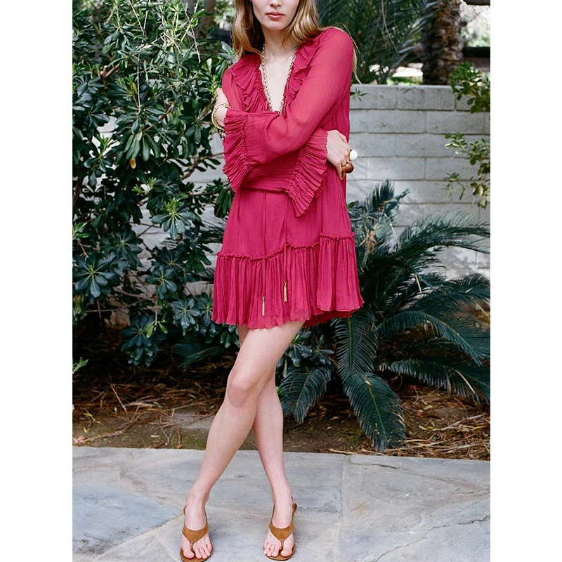 Vestido f de manga crida com decote em V, , com enfeites dous, decorações em camadas, saia psada, elegan...