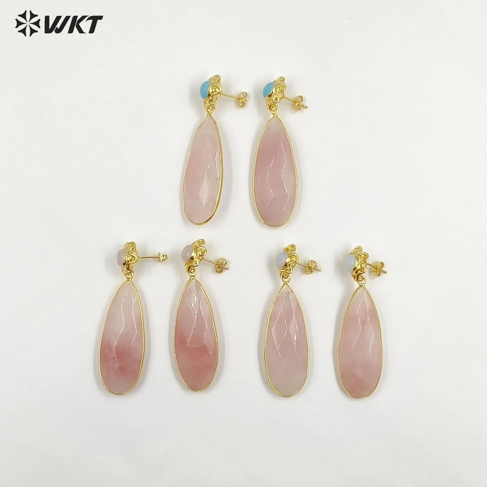 

WT-E792 Elegant Style Natural Pink Crystal Drop Shape Women Earring With Turquoise Opal Gemstone 18k Goldplated Studs