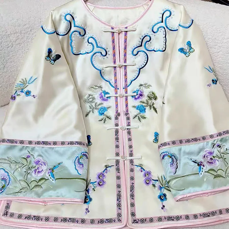 

High-end Winter Warm Coat New Chinese Style Stand Collar Acetate Women Loose Coat Elegant Embroidery Flowers S-XXL