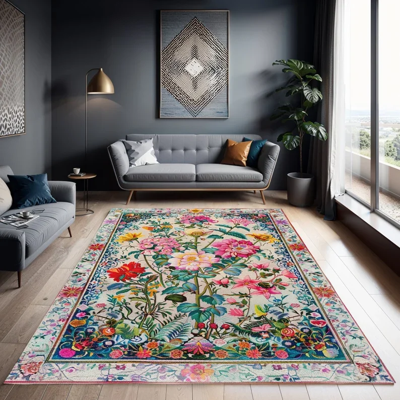 Pink Green Vintage Style Chenille Rug Bohemian Kilim Design Home Decoration Carpet