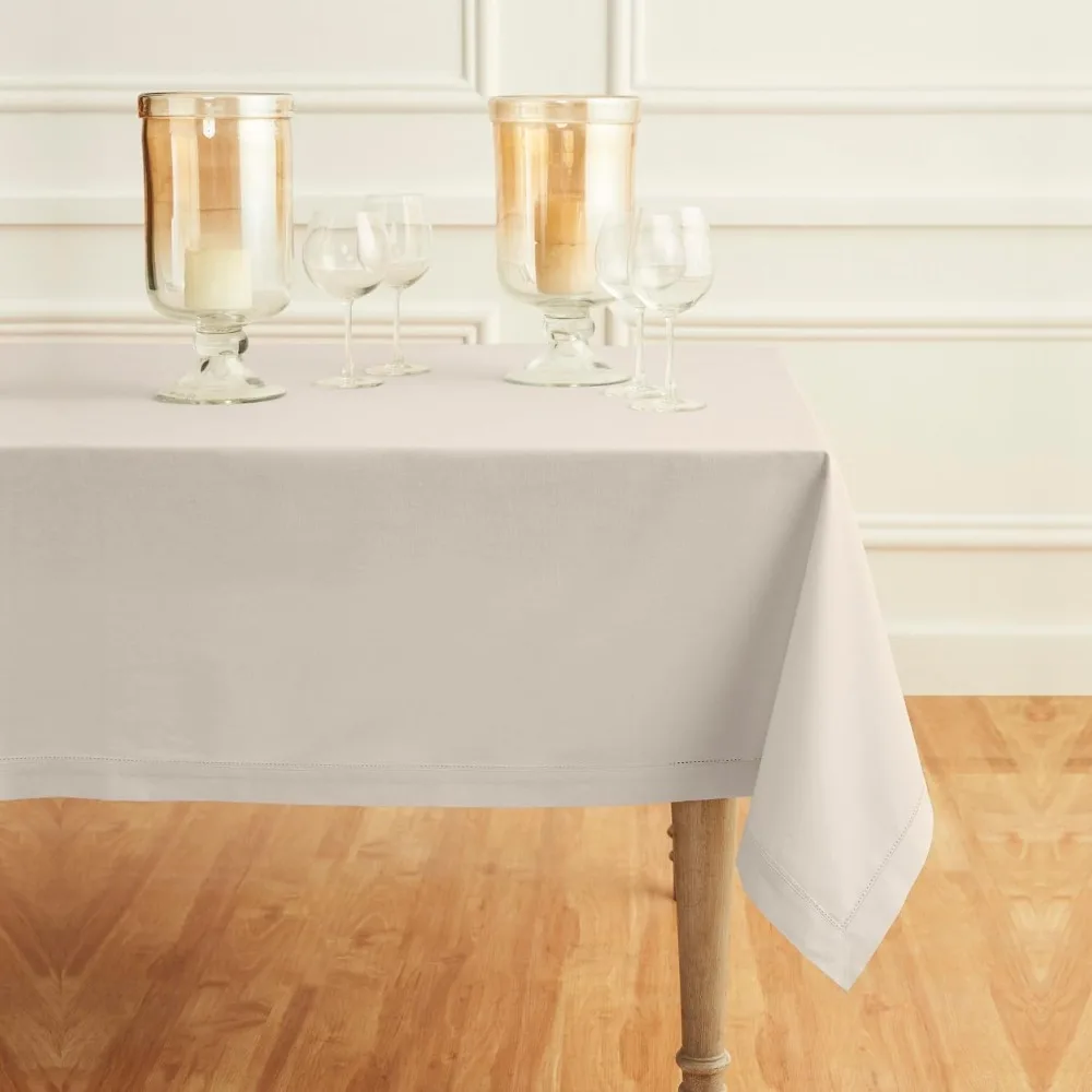 Cotton Linen Tablecloth 58x132 Inches - Hemstitch Design Rectangular, Machine Washable for Family Dining