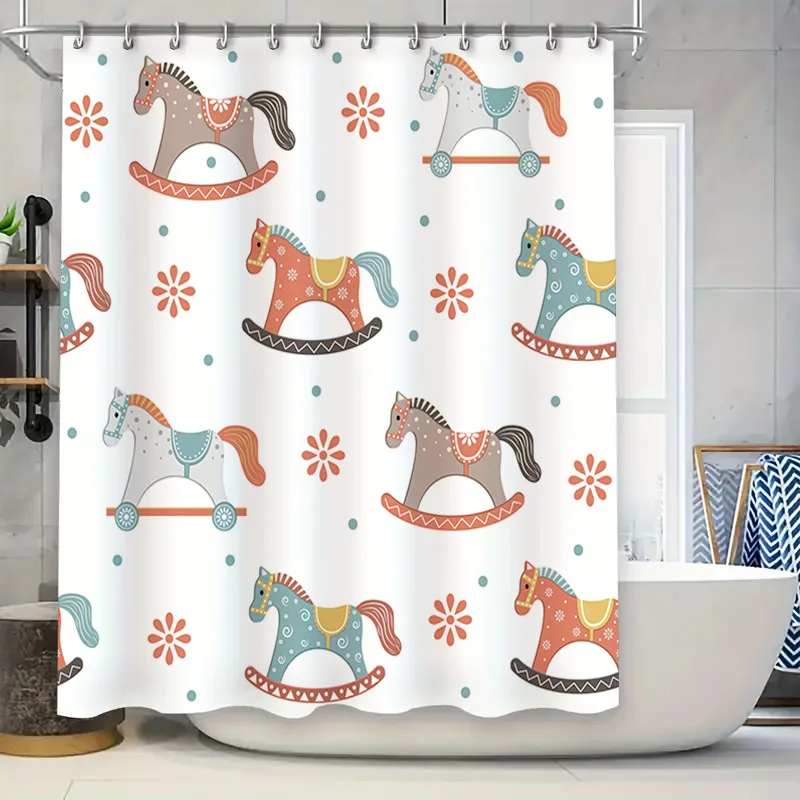 

Занавеска для душа с изображением лошади-качалки, мультяшный декоративный узор для детской ванной комнаты, белый цветок, синий красочный дизайн, 72x84 дюйма