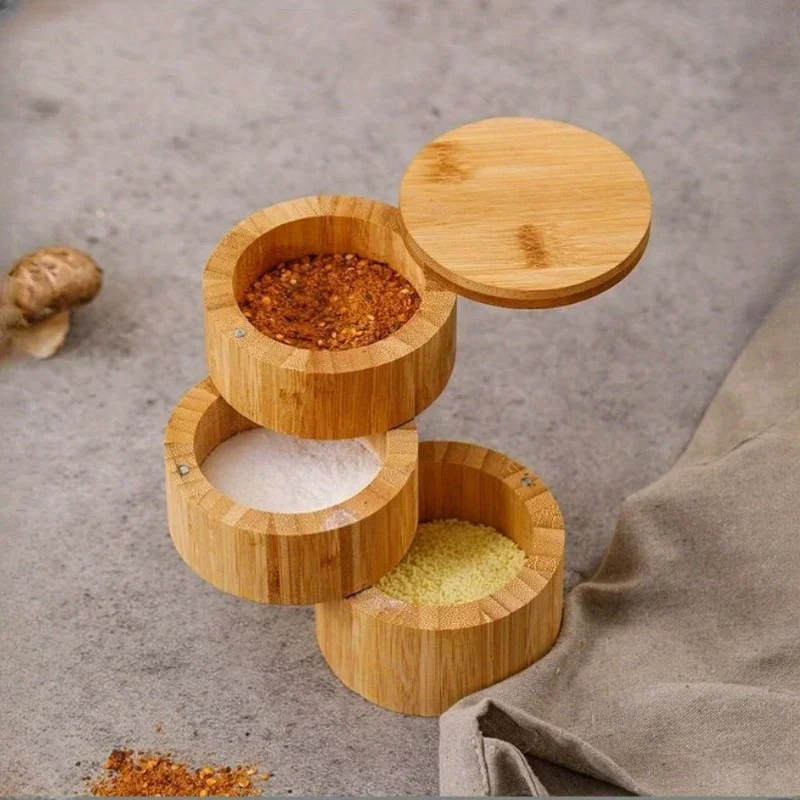 Eco-friendly Kitchen Products Bamboo Wood Triple Salt Spices Storage Container Box with Magnetic Swivel Lids