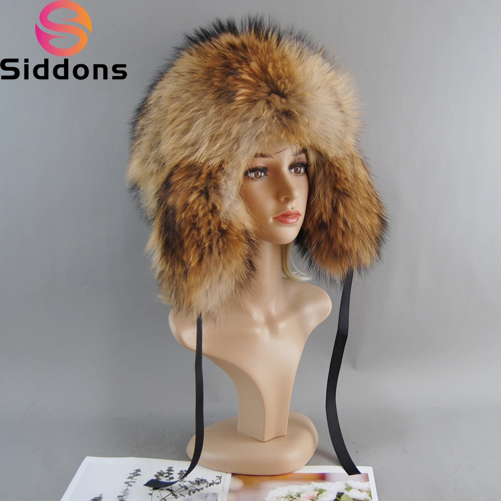 

Women's Cap Winter Hats Real Fox Fur Pompom Bomber Hats Russian Female Beanies Natural Raccoon Fur Hat Knitted Skullies Beanies